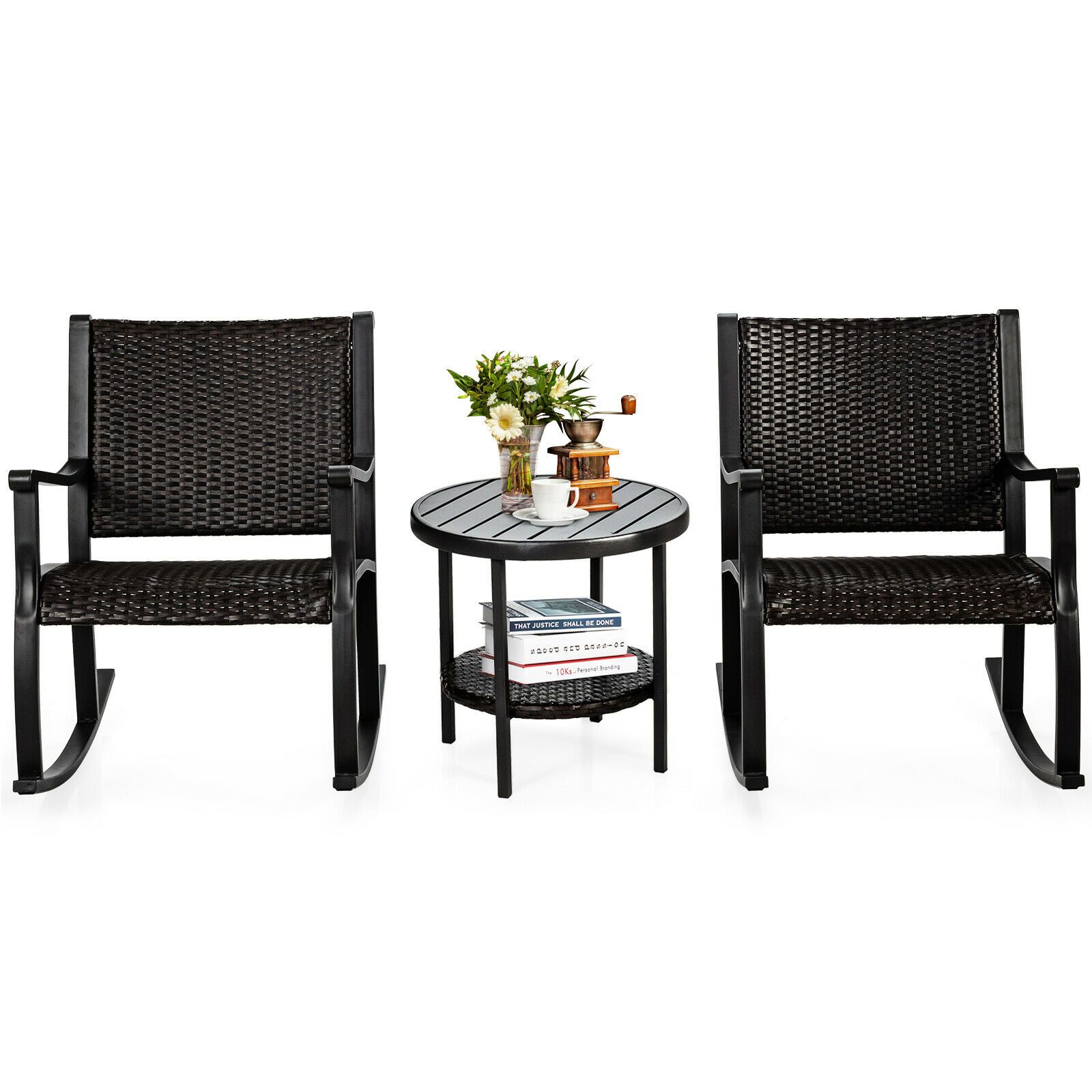 3 Piece Rocking Table Chairs Set with Coffee Table for Poolside